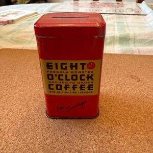 Vintage Eight O’Clock coffee lidded red tin coin bank.
